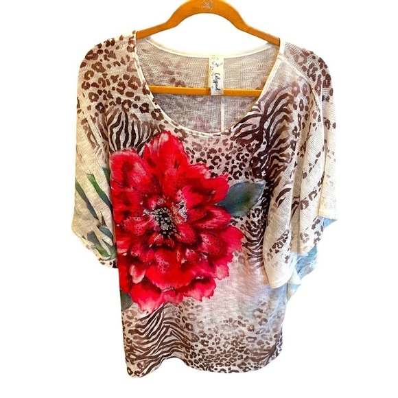 Lilypad Boutique Floral Blouse Leopard Print Pint Brown Womens Size Large - Picture 1 of 4